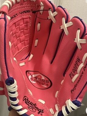 Rawlings Pink and White Youth Baseball Glove with Purple Trim